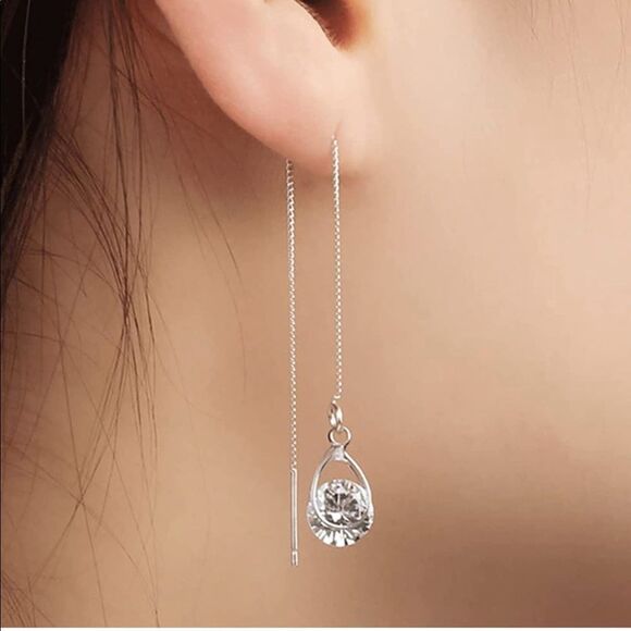 925 Sterling Silver Crystal CZ Tassel Chain Dangle Earrings - Picture 5 of 5